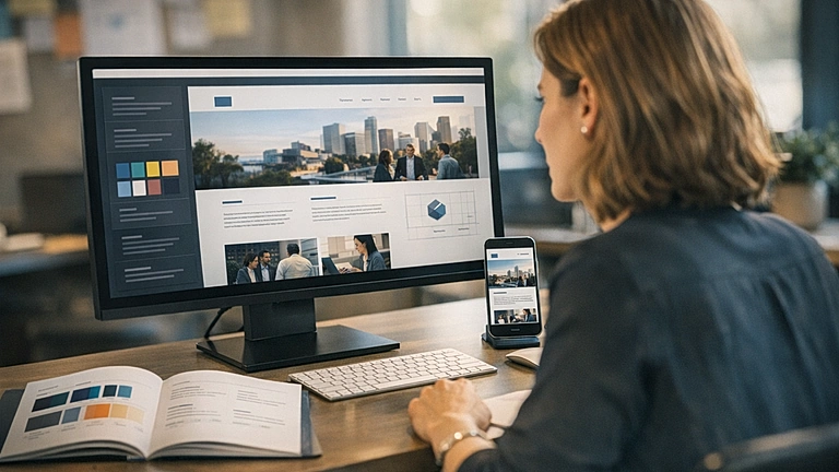 Corporate Design Website mit einheitlicher Farbpalette und Typografie auf Desktop und Smartphone